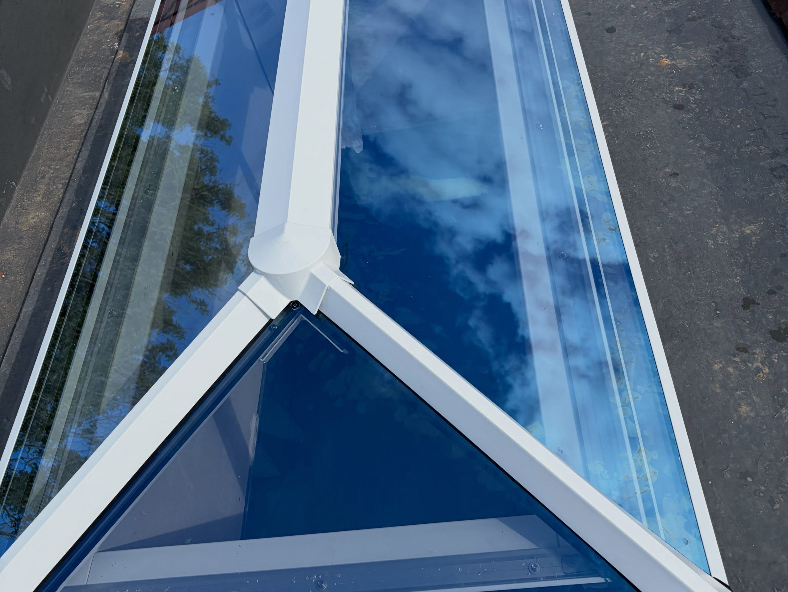 Close-up of roof lantern glazing installed on a home extension Close-up of roof lantern glazing installed on a home extension